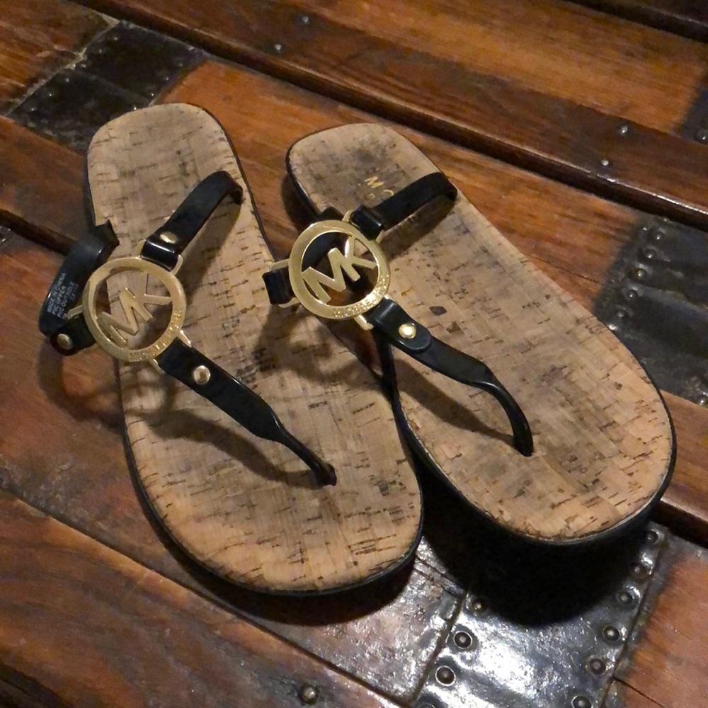 Michael Kors Logo Cork Sandals in Black and Gold